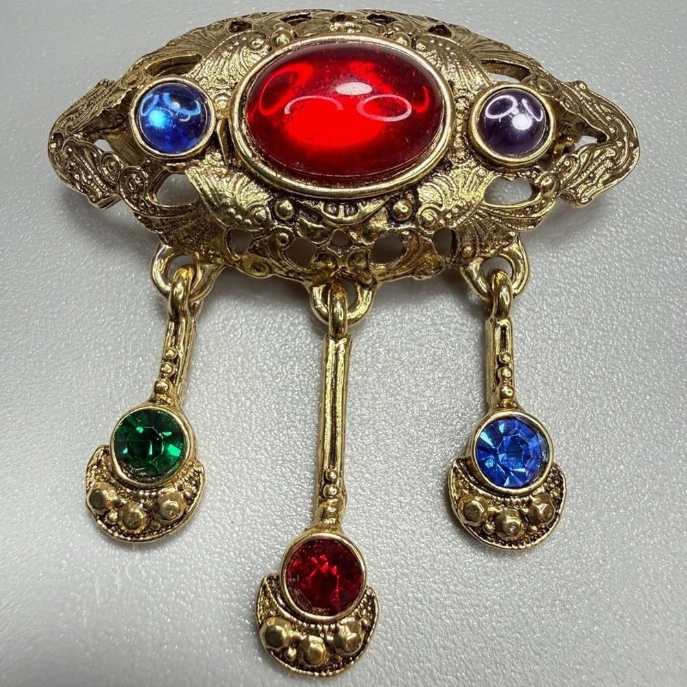 Vintage Gold Tone Multi Color Crystal Cabochon Dangle Brooch Victorian Revival